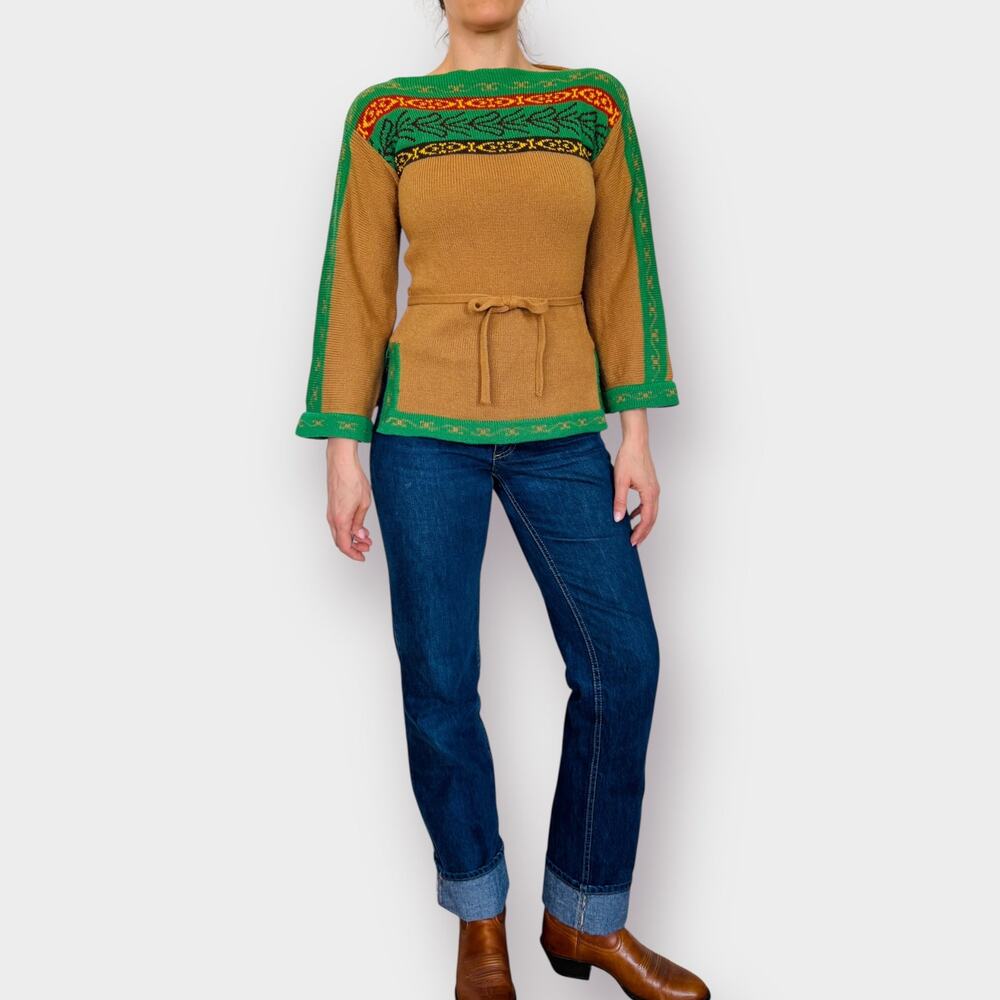 70s Tan Green Tunic Sweater Size M - Picture 4 of 7